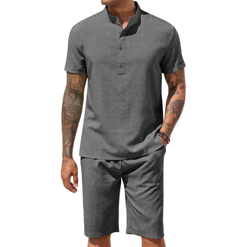 imageCOOFANDY Mens 2 Pieces Set Short Sleeve Henley Shirts and Shorts Pants Texture Summer Beach Vacation OutfitsDark Gray