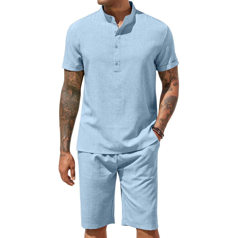 imageCOOFANDY Mens 2 Pieces Set Short Sleeve Henley Shirts and Shorts Pants Texture Summer Beach Vacation OutfitsLight Blue