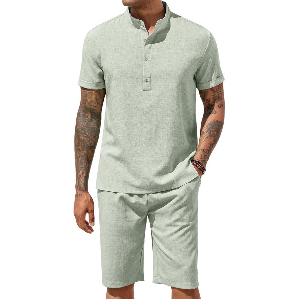 imageCOOFANDY Mens 2 Pieces Set Short Sleeve Henley Shirts and Shorts Pants Texture Summer Beach Vacation OutfitsLight Green