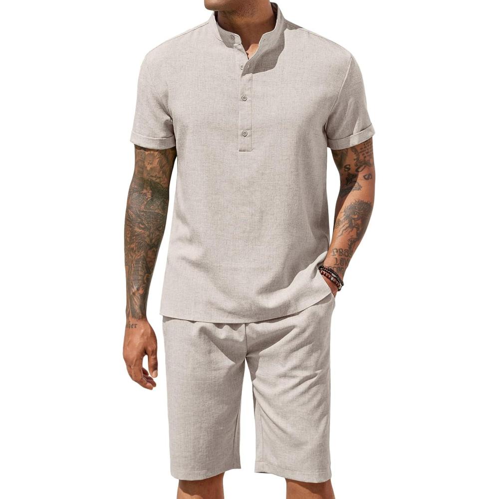 imageCOOFANDY Mens 2 Pieces Set Short Sleeve Henley Shirts and Shorts Pants Texture Summer Beach Vacation OutfitsStone