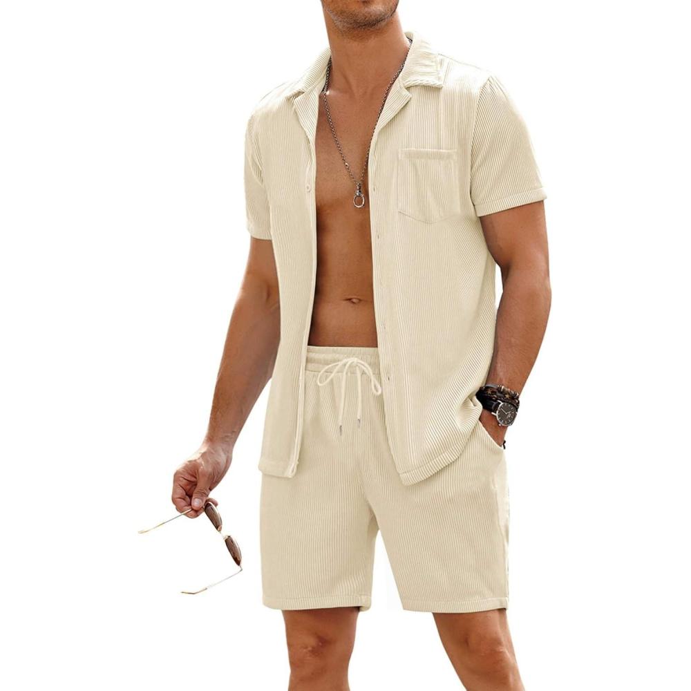 imageCOOFANDY Mens 2 Pieces Shirt Sets Short Sleeve Casual Button Down Hippie TShirts Shorts Sets Summer Fashion Beach OutfitsBeige