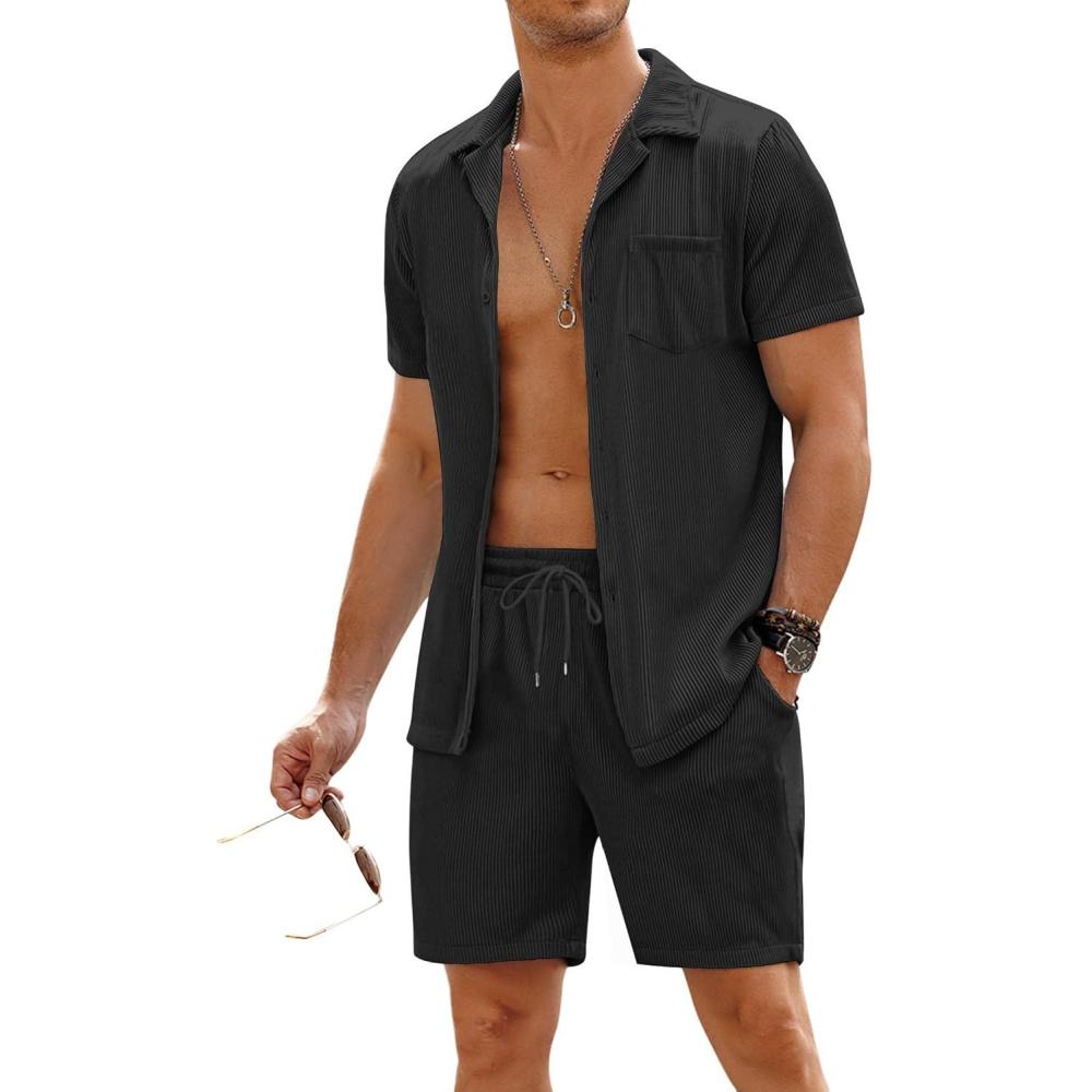 imageCOOFANDY Mens 2 Pieces Shirt Sets Short Sleeve Casual Button Down Hippie TShirts Shorts Sets Summer Fashion Beach OutfitsBlack