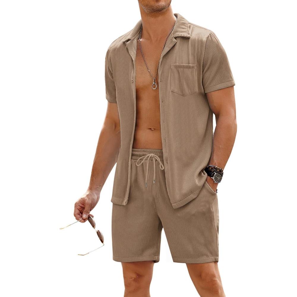 imageCOOFANDY Mens 2 Pieces Shirt Sets Short Sleeve Casual Button Down Hippie TShirts Shorts Sets Summer Fashion Beach OutfitsBrown
