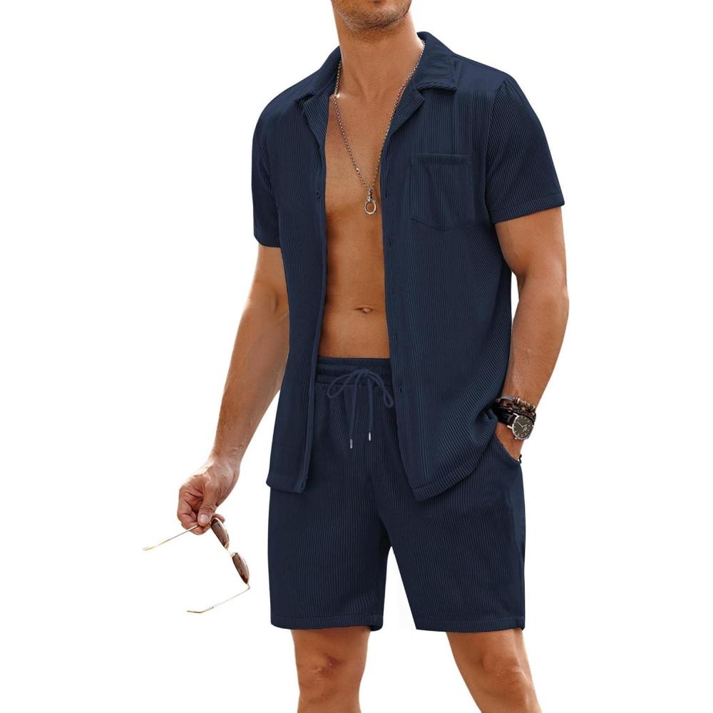 imageCOOFANDY Mens 2 Pieces Shirt Sets Short Sleeve Casual Button Down Hippie TShirts Shorts Sets Summer Fashion Beach OutfitsNavy Blue