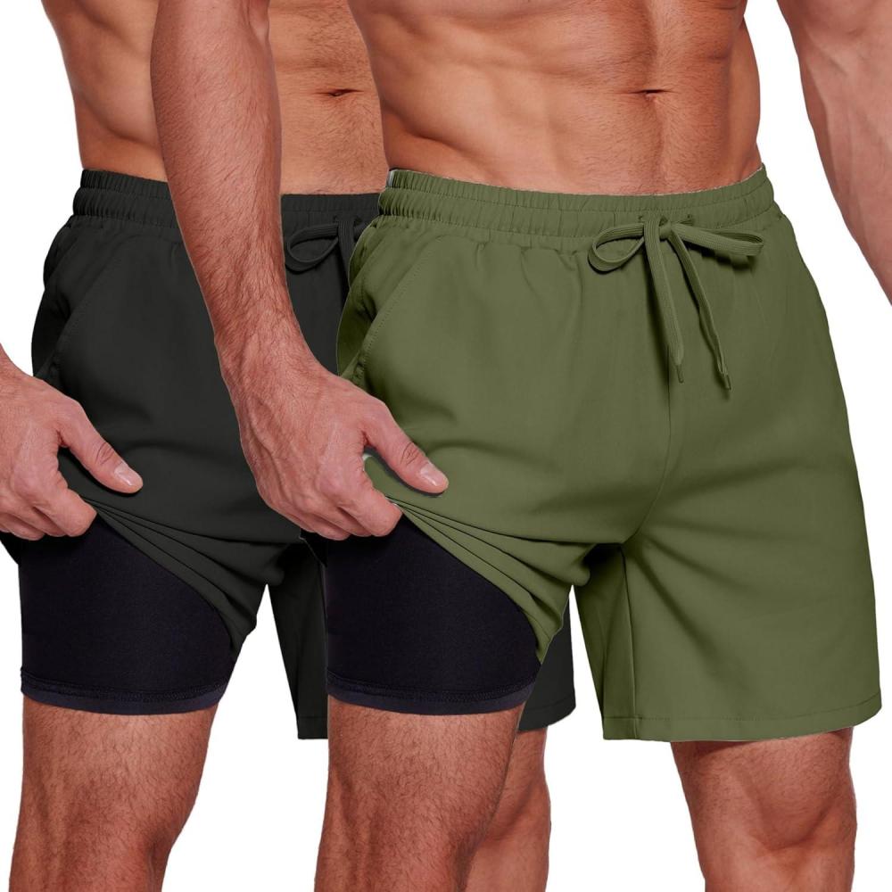 imageCOOFANDY Mens 2 in 1 Running Shorts 2 Pack Athletic Shorts Quick Dry Gym Training Workout Shorts with PocketsBlackArmy Green