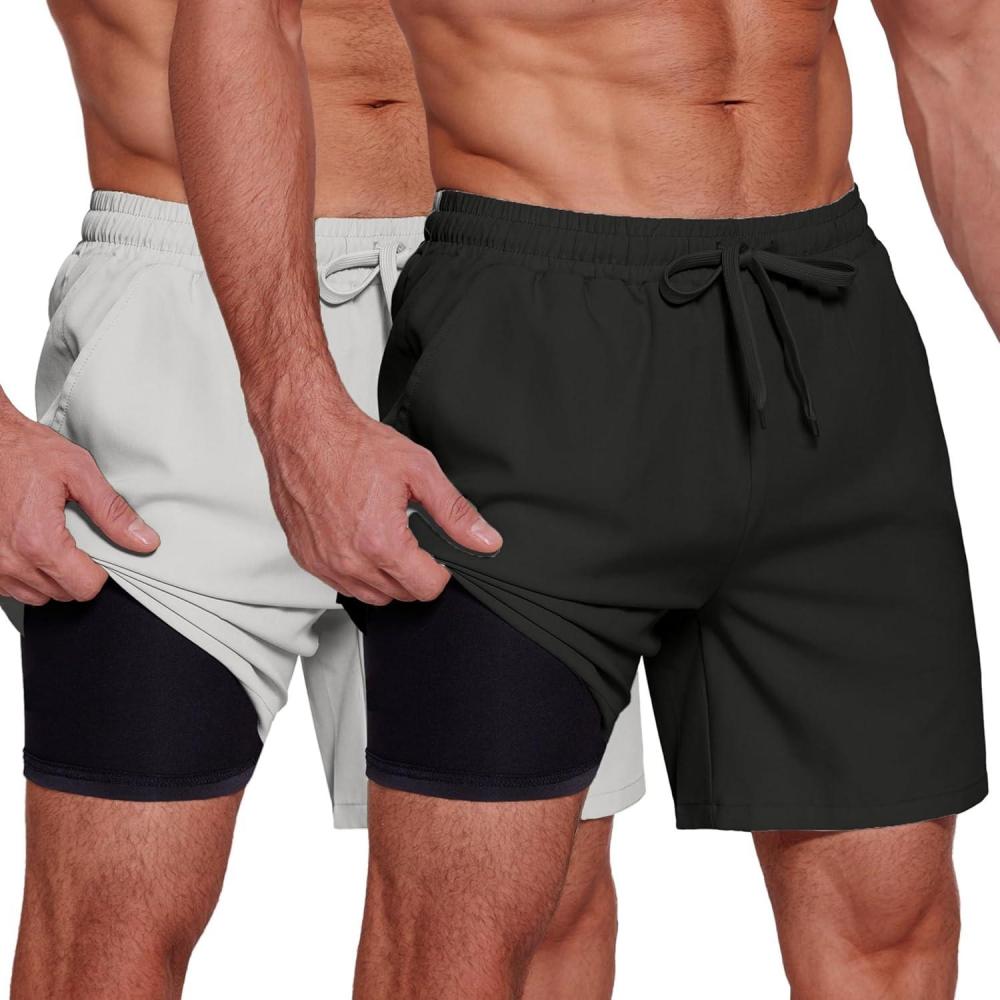 imageCOOFANDY Mens 2 in 1 Running Shorts 2 Pack Athletic Shorts Quick Dry Gym Training Workout Shorts with PocketsBlackGrey
