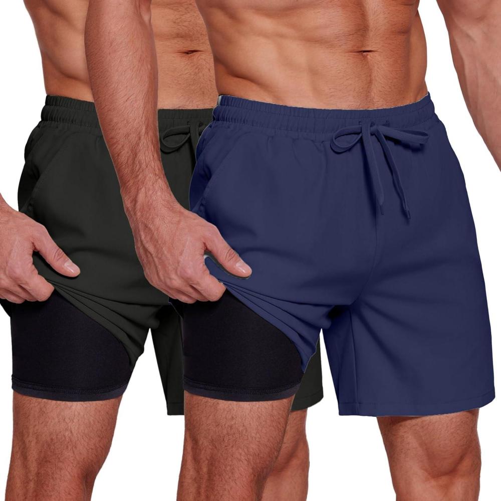 imageCOOFANDY Mens 2 in 1 Running Shorts 2 Pack Athletic Shorts Quick Dry Gym Training Workout Shorts with PocketsBlackNavy Blue