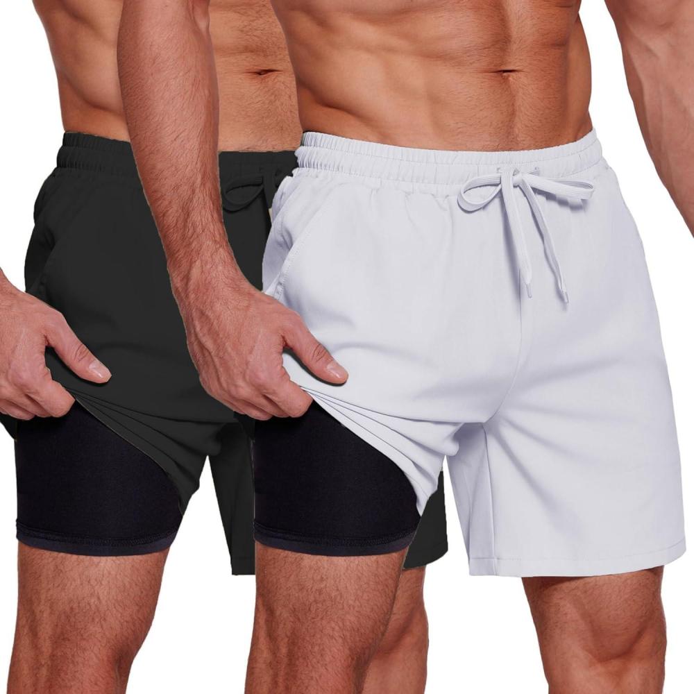 imageCOOFANDY Mens 2 in 1 Running Shorts 2 Pack Athletic Shorts Quick Dry Gym Training Workout Shorts with PocketsBlackWhite