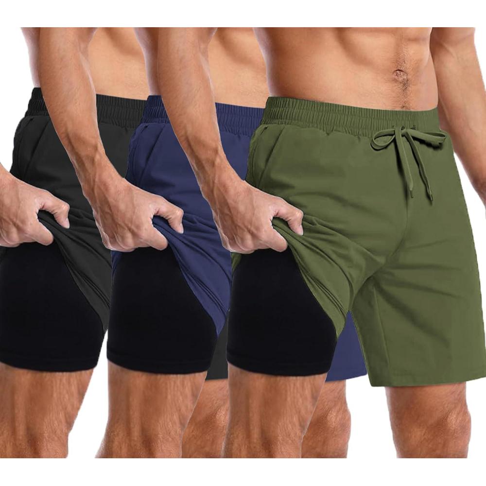 imageCOOFANDY Mens 2 in 1 Running Shorts 2 Pack Athletic Shorts Quick Dry Gym Training Workout Shorts with PocketsBlackyNavy BlueArmy Green