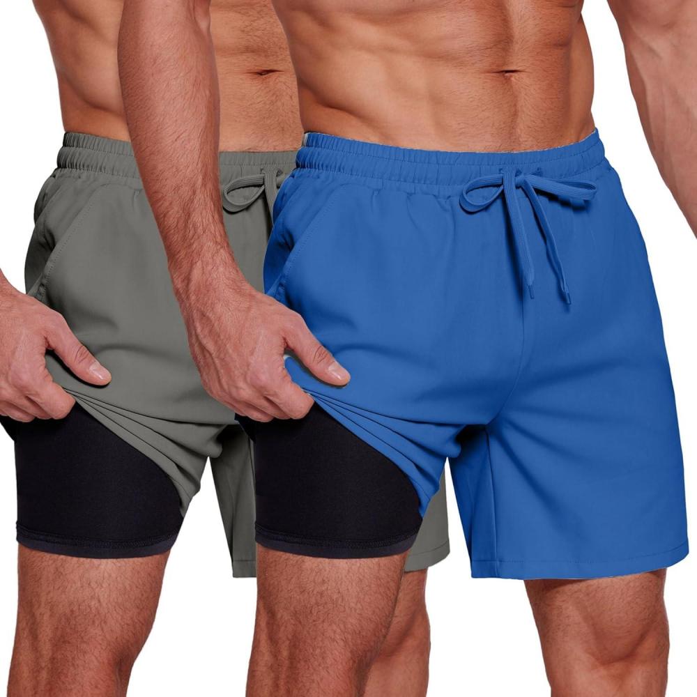 imageCOOFANDY Mens 2 in 1 Running Shorts 2 Pack Athletic Shorts Quick Dry Gym Training Workout Shorts with PocketsDark GreyRoyal Blue