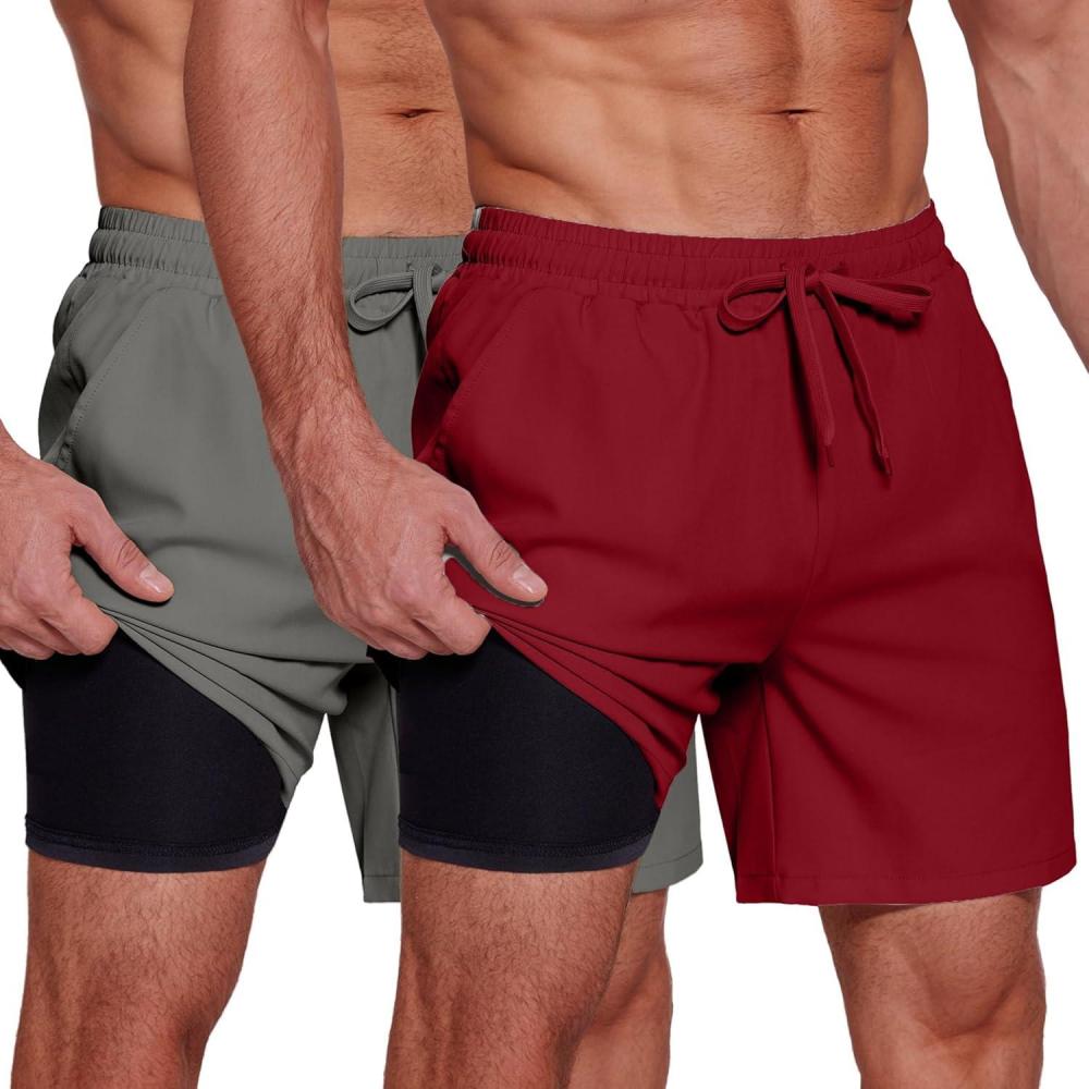 imageCOOFANDY Mens 2 in 1 Running Shorts 2 Pack Athletic Shorts Quick Dry Gym Training Workout Shorts with PocketsDark GreyWine Red