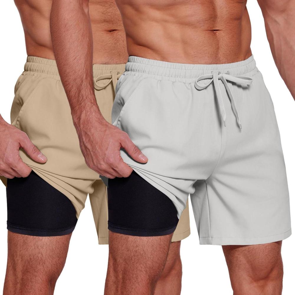 imageCOOFANDY Mens 2 in 1 Running Shorts 2 Pack Athletic Shorts Quick Dry Gym Training Workout Shorts with PocketsKhakiGrey