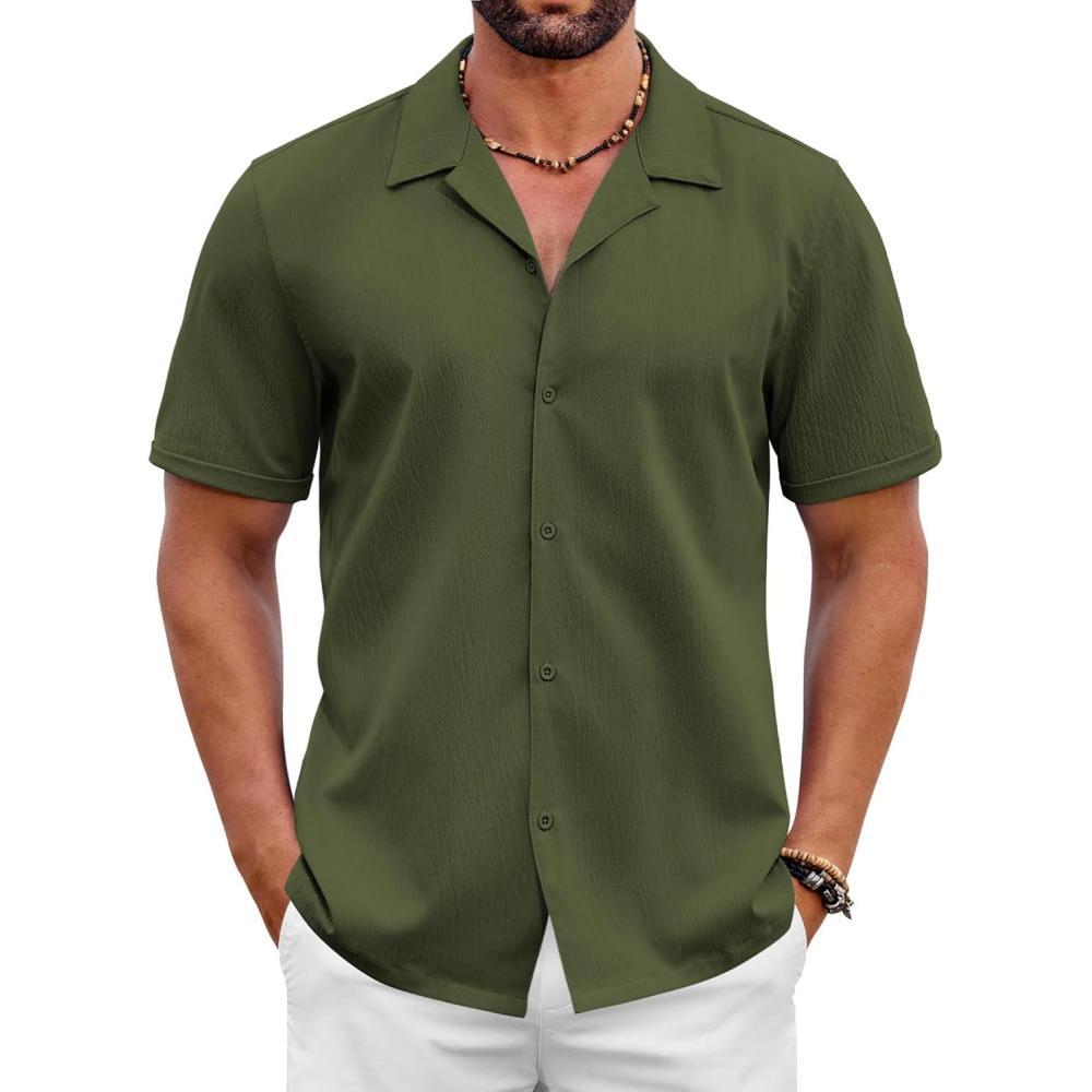 imageCOOFANDY Mens 2025 Fashion Textured Shirts Short Sleeve Summer Beach Shirt Casual Button Down ShirtsArmy Green