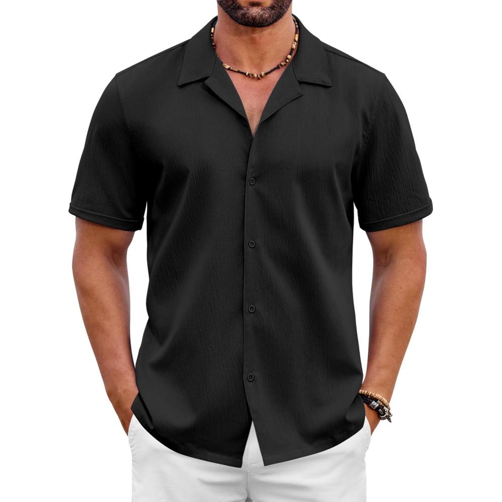 imageCOOFANDY Mens 2025 Fashion Textured Shirts Short Sleeve Summer Beach Shirt Casual Button Down ShirtsBlack