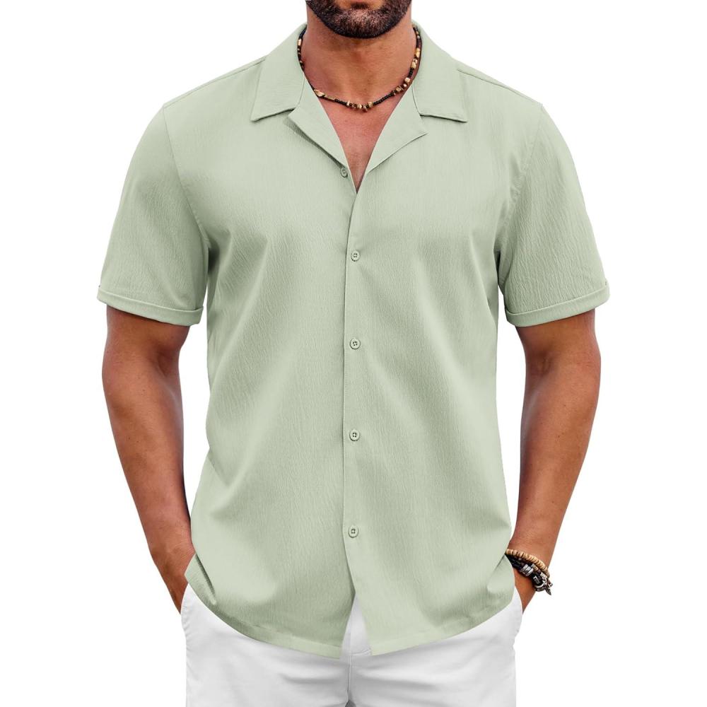 imageCOOFANDY Mens 2025 Fashion Textured Shirts Short Sleeve Summer Beach Shirt Casual Button Down ShirtsLight Green
