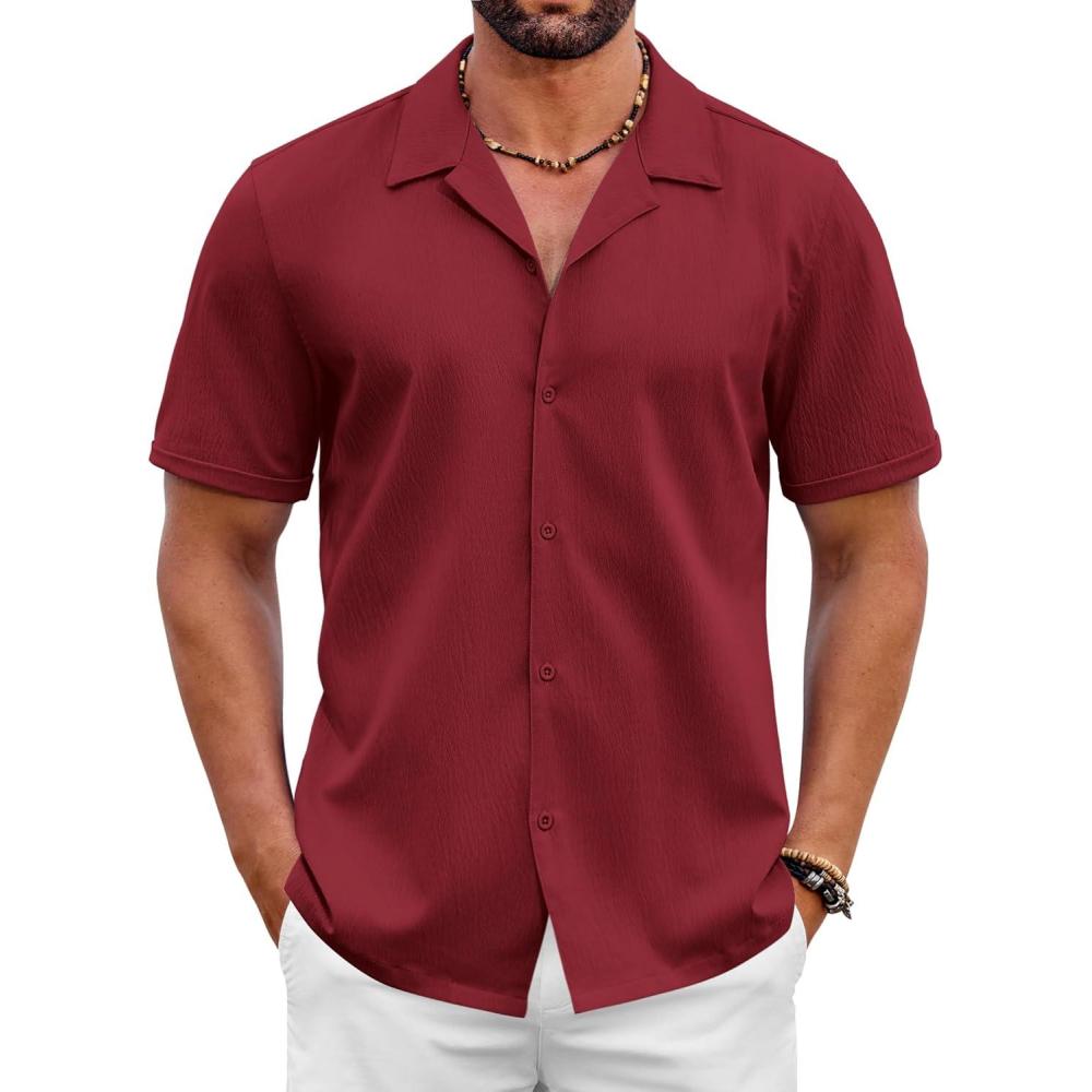 imageCOOFANDY Mens 2025 Fashion Textured Shirts Short Sleeve Summer Beach Shirt Casual Button Down ShirtsWine Red