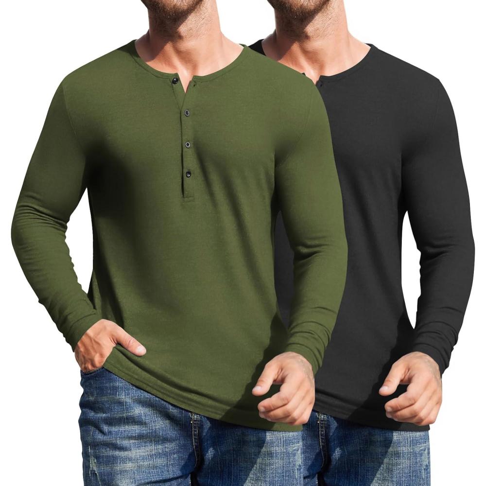 imageCOOFANDY Mens 2Pack Slim Fit Henley Shirts Long Sleeve Lightweight Fashion Casual Cotton Basic T ShirtsBlackArmy Green