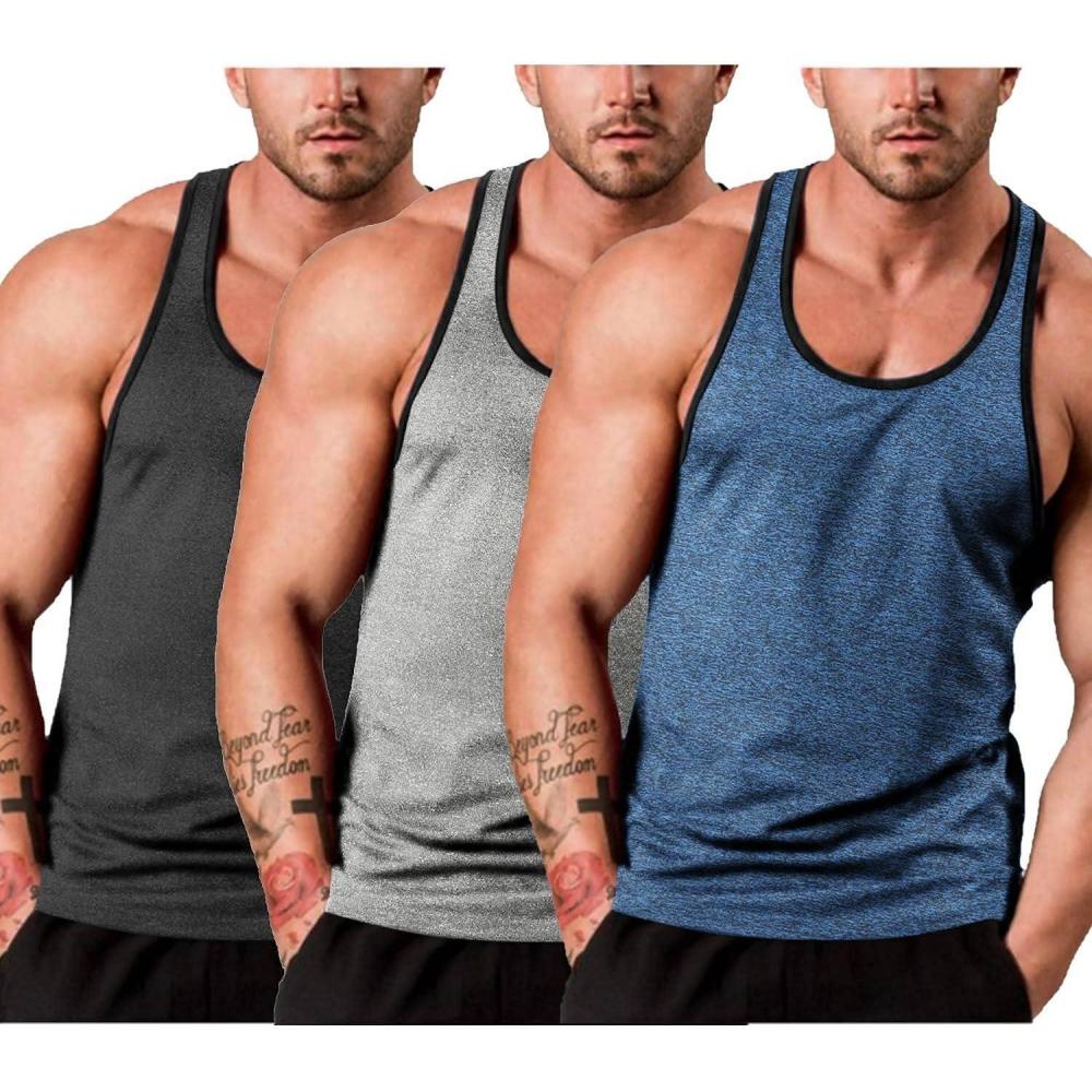 imageCOOFANDY Mens 3 Pack Gym Tank Tops YBack Workout Muscle Tee Sleeveless Fitness Bodybuilding T ShirtsBlackBlueLight Grey