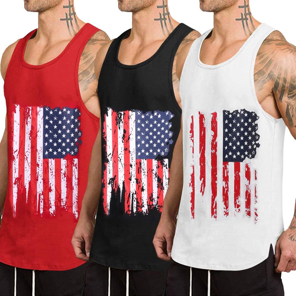 imageCOOFANDY Mens 3 Pack Quick Dry Workout Tank Top Gym Muscle Tee Fitness Bodybuilding Sleeveless T ShirtFlagblackRedWhite