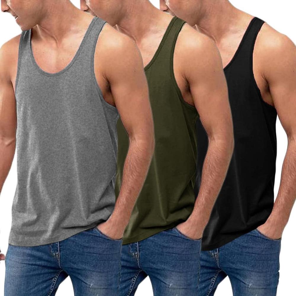 imageCOOFANDY Mens 3 Pack Tank Tops Cotton Performance Sleeveless Casual Classic T ShirtsBlackDark GreyArmy Green