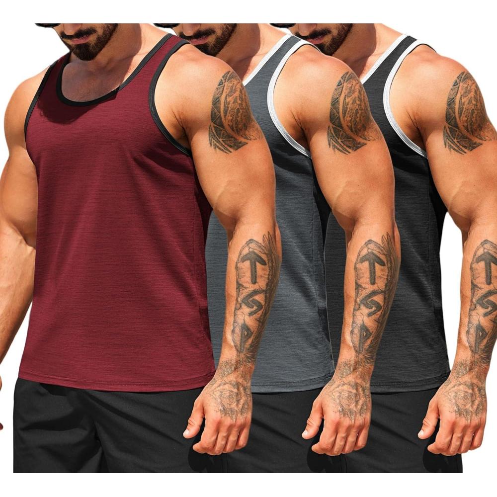 imageCOOFANDY Mens 3 Pack Tank Tops Cotton Performance Sleeveless Casual Classic T ShirtsBlackDark GreyWine Red
