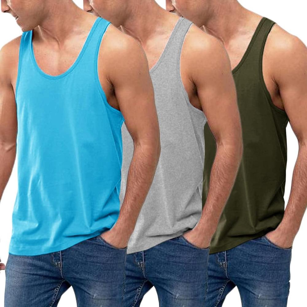 imageCOOFANDY Mens 3 Pack Tank Tops Cotton Performance Sleeveless Casual Classic T ShirtsBlueArmy GreenGray