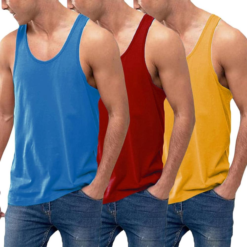 imageCOOFANDY Mens 3 Pack Tank Tops Cotton Performance Sleeveless Casual Classic T ShirtsBlueRedYellow