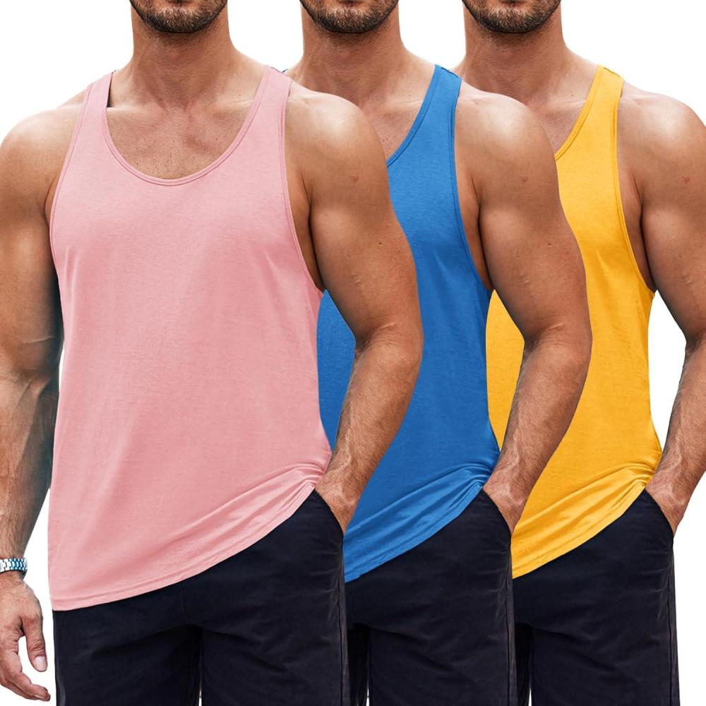 imageCOOFANDY Mens 3 Pack Tank Tops Cotton Performance Sleeveless Casual Classic T ShirtsBlueyellowpink