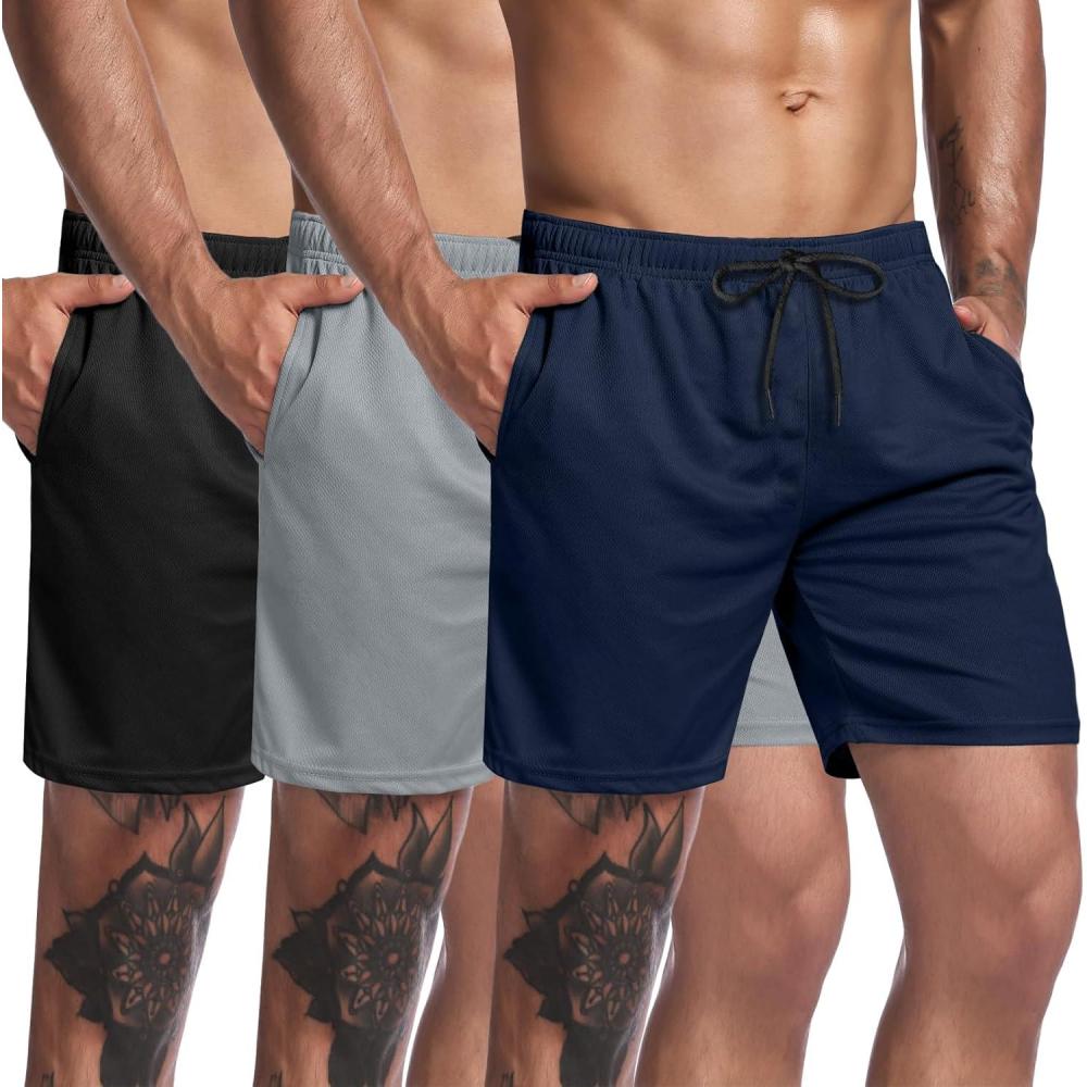 imageCOOFANDY Mens 3 Pack Workout Gym Shorts Mesh Athletic Shorts Lightweight Bodybuilding Training Short Pants with PocketsBlack Gray Navy Blue