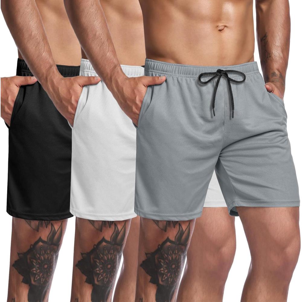 imageCOOFANDY Mens 3 Pack Workout Gym Shorts Mesh Athletic Shorts Lightweight Bodybuilding Training Short Pants with PocketsBlack White Gray