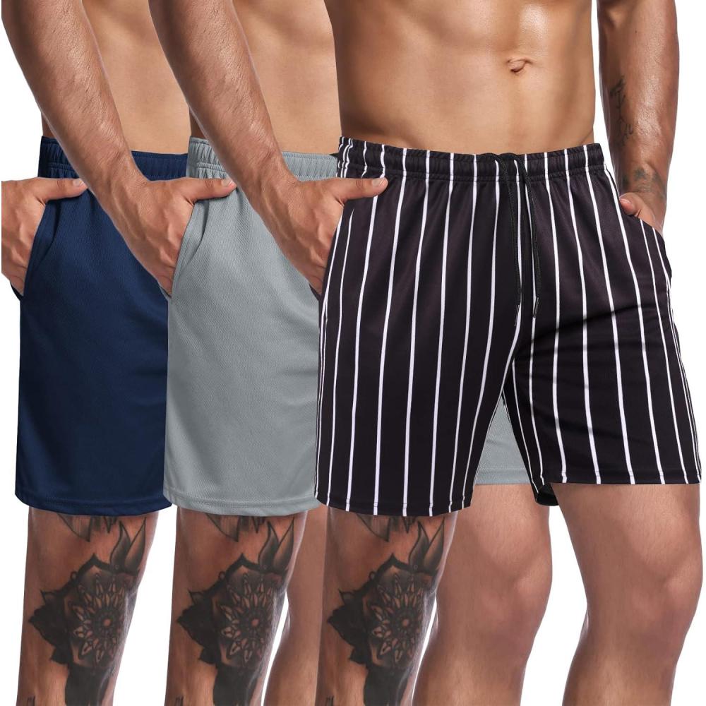 imageCOOFANDY Mens 3 Pack Workout Gym Shorts Mesh Athletic Shorts Lightweight Bodybuilding Training Short Pants with PocketsBlack  White StripeNavy BlueGrey