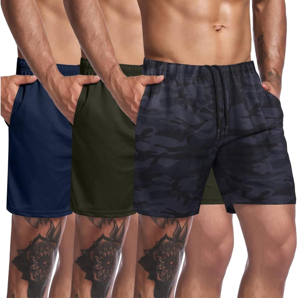 imageCOOFANDY Mens 3 Pack Workout Gym Shorts Mesh Athletic Shorts Lightweight Bodybuilding Training Short Pants with PocketsBlack CamoArmy GreenNavy Blue