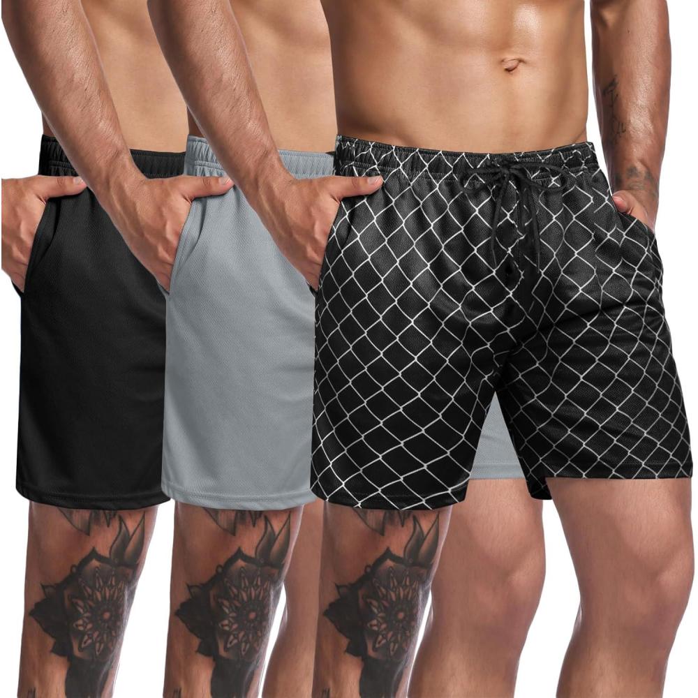 imageCOOFANDY Mens 3 Pack Workout Gym Shorts Mesh Athletic Shorts Lightweight Bodybuilding Training Short Pants with PocketsBlack Plaid Black  Grey