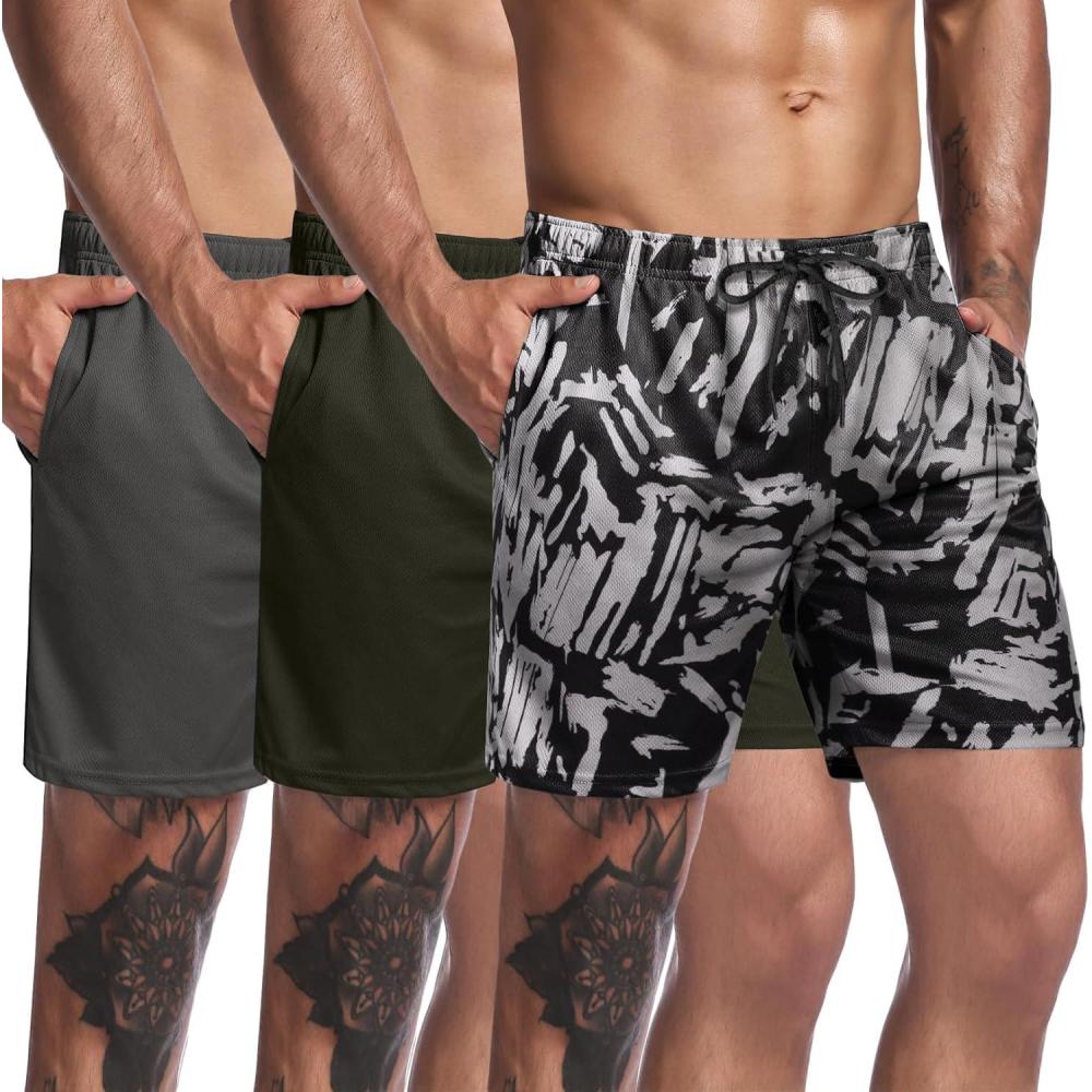 imageCOOFANDY Mens 3 Pack Workout Gym Shorts Mesh Athletic Shorts Lightweight Bodybuilding Training Short Pants with PocketsBlack Print Army Green Dark Grey