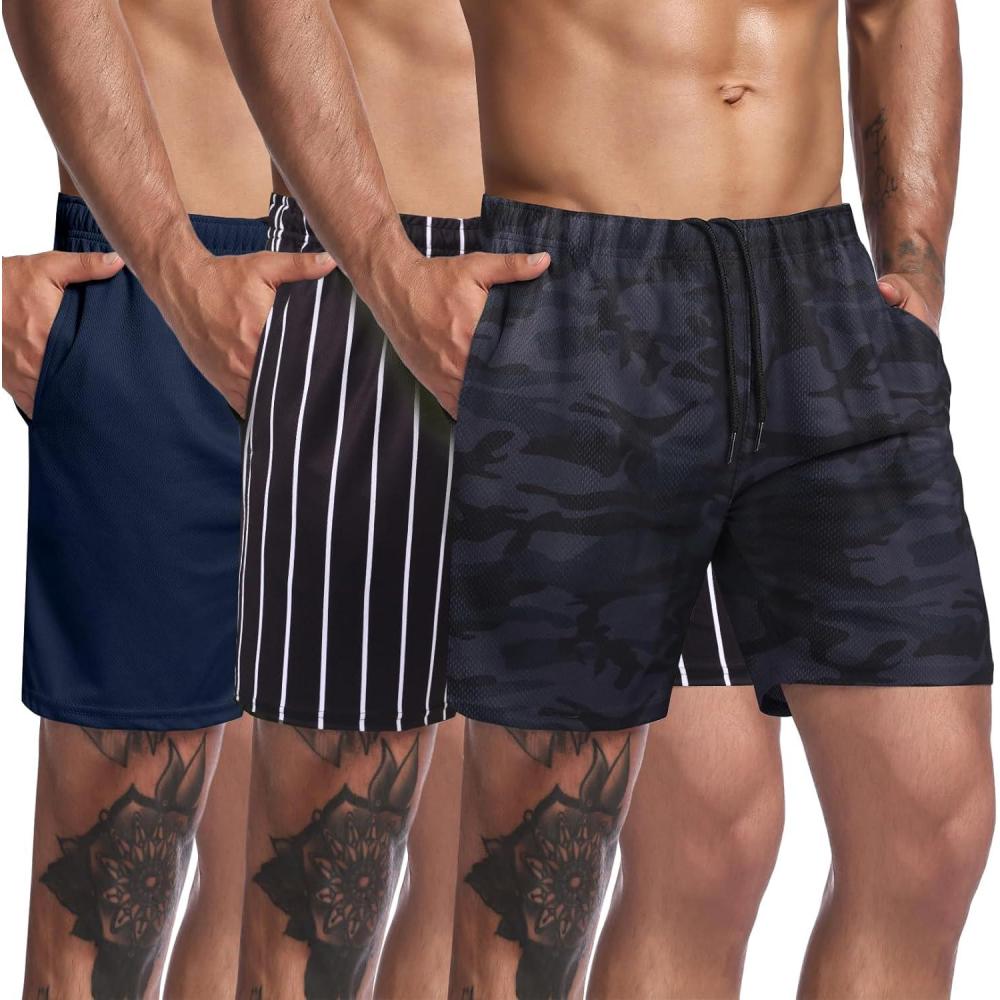 imageCOOFANDY Mens 3 Pack Workout Gym Shorts Mesh Athletic Shorts Lightweight Bodybuilding Training Short Pants with PocketsBlack Stripe Navy Blue Black