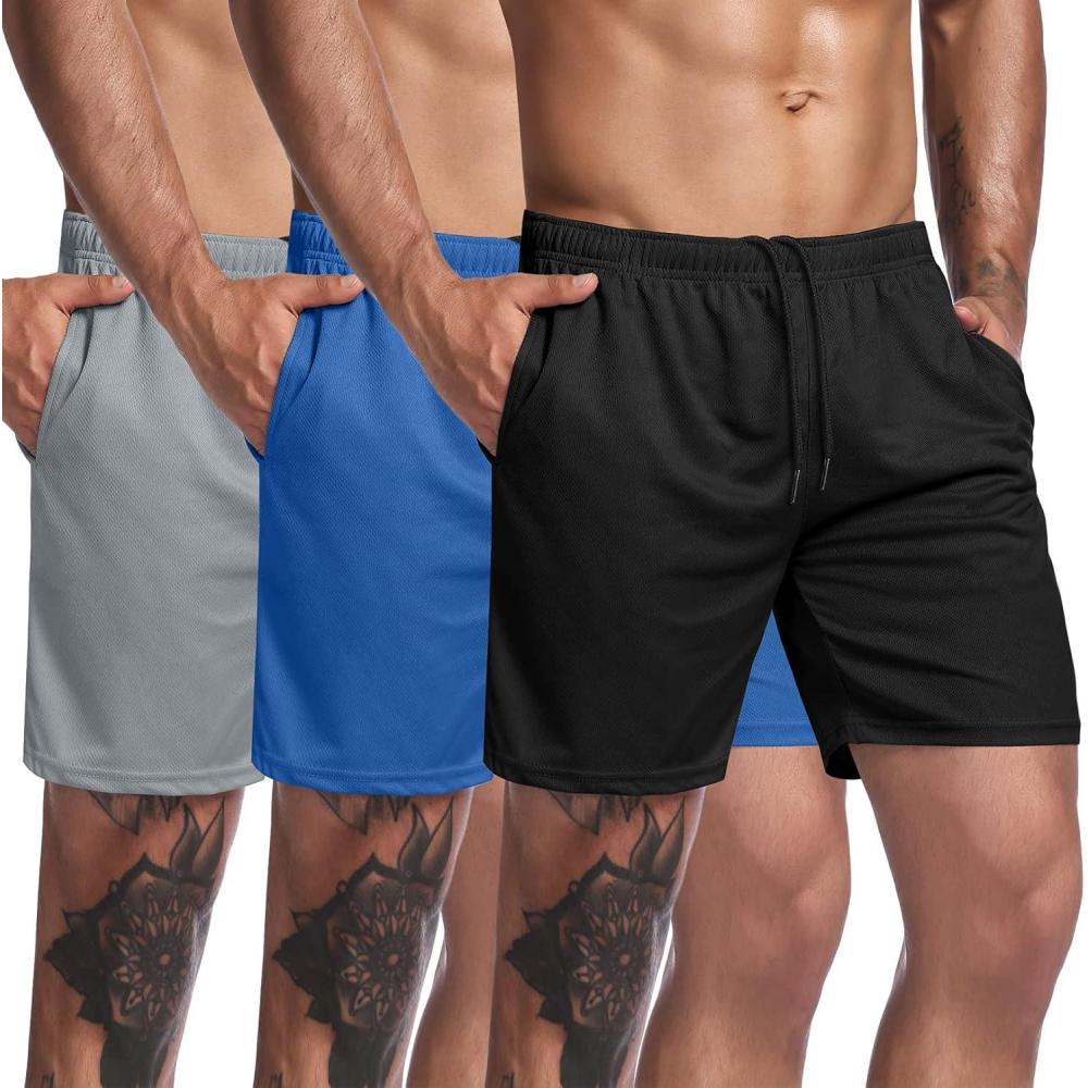 imageCOOFANDY Mens 3 Pack Workout Gym Shorts Mesh Athletic Shorts Lightweight Bodybuilding Training Short Pants with PocketsBlue  Black  Gray