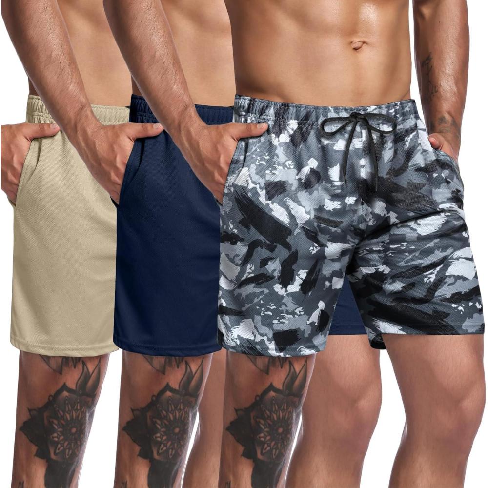 imageCOOFANDY Mens 3 Pack Workout Gym Shorts Mesh Athletic Shorts Lightweight Bodybuilding Training Short Pants with PocketsCamo Khaki Navy Blue