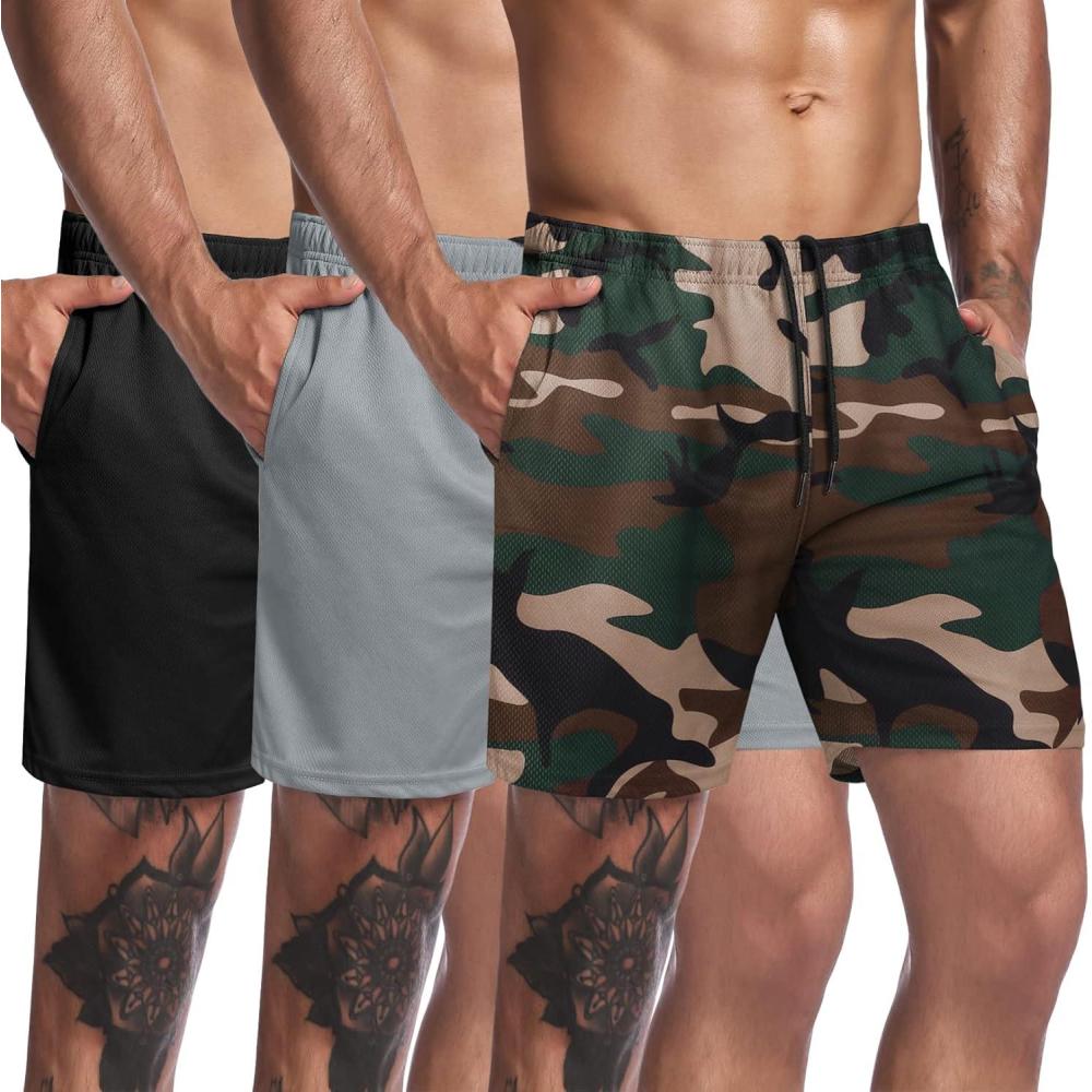imageCOOFANDY Mens 3 Pack Workout Gym Shorts Mesh Athletic Shorts Lightweight Bodybuilding Training Short Pants with PocketsGreen CamoBlackGrey