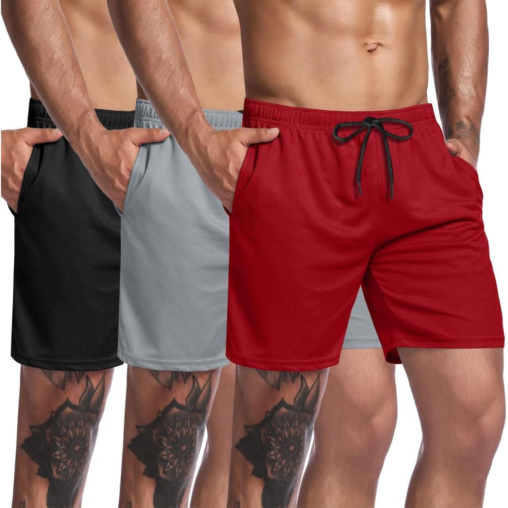 imageCOOFANDY Mens 3 Pack Workout Gym Shorts Mesh Athletic Shorts Lightweight Bodybuilding Training Short Pants with PocketsRed  Grey  Black