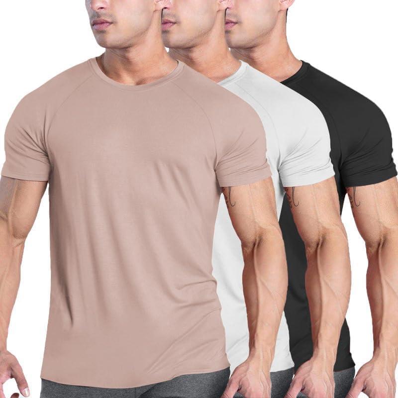 imageCOOFANDY Mens 3 Pack Workout T Shirts Short Sleeve Gym Bodybuilding Muscle Shirt Base Layer Fitness Tee TopsBlack01dark GreyPink