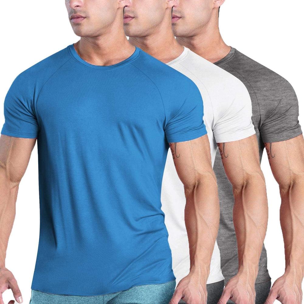imageCOOFANDY Mens 3 Pack Workout T Shirts Short Sleeve Gym Bodybuilding Muscle Shirt Base Layer Fitness Tee TopsBlueWhiteDark Grey