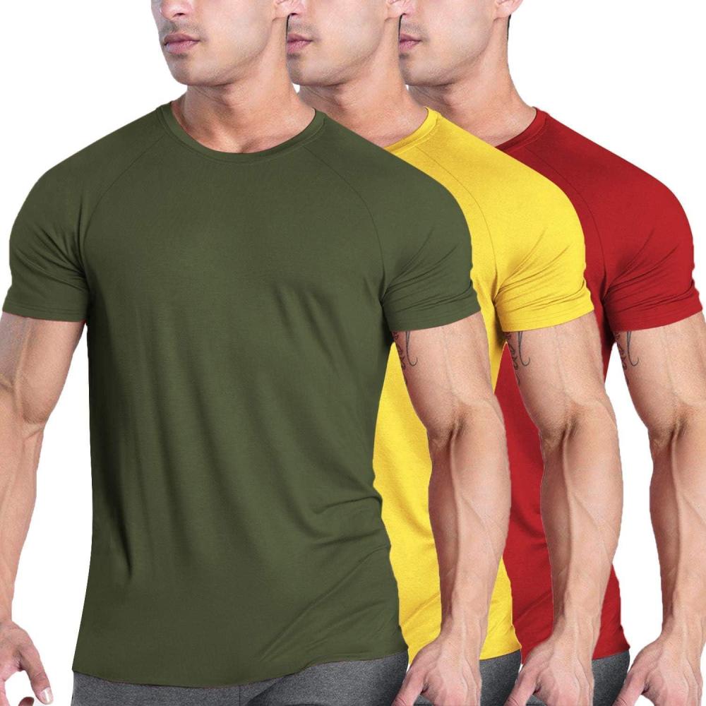 imageCOOFANDY Mens 3 Pack Workout T Shirts Short Sleeve Gym Bodybuilding Muscle Shirt Base Layer Fitness Tee TopsRedOlive GreenBlack