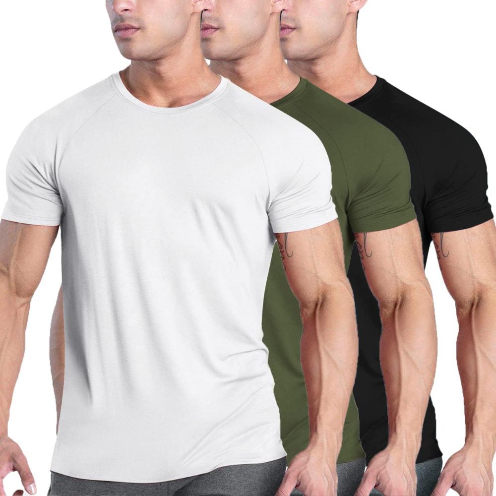imageCOOFANDY Mens 3 Pack Workout T Shirts Short Sleeve Gym Bodybuilding Muscle Shirt Base Layer Fitness Tee TopsWhiteOlive GreenBlack
