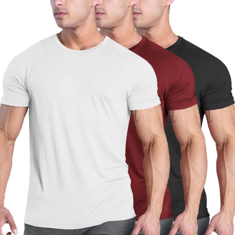 imageCOOFANDY Mens 3 Pack Workout T Shirts Short Sleeve Gym Bodybuilding Muscle Shirt Base Layer Fitness Tee TopsWine RedWhiteBlack