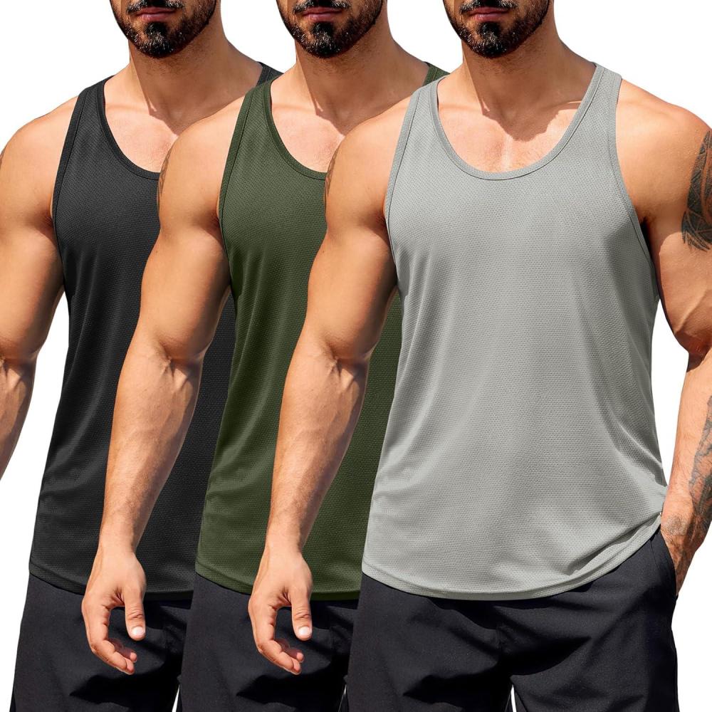 imageCOOFANDY Mens 3 Pack Workout Tank Tops Quick Dry Gym Sleeveless Muscle T Shirts Y Back Athlectic Tank Bodybuilding TopBlackArmy GreenLight Grey