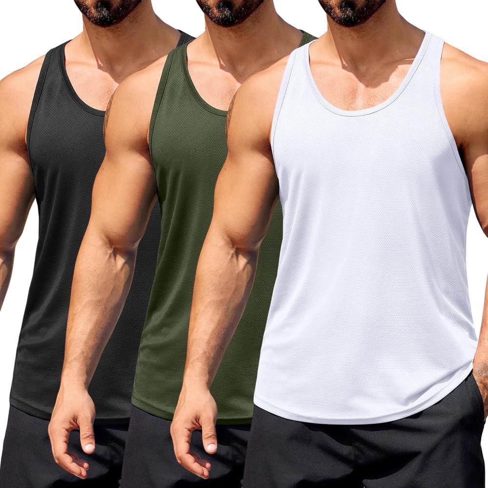 imageCOOFANDY Mens 3 Pack Workout Tank Tops Quick Dry Gym Sleeveless Muscle T Shirts Y Back Athlectic Tank Bodybuilding TopBlackArmy GreenWhite
