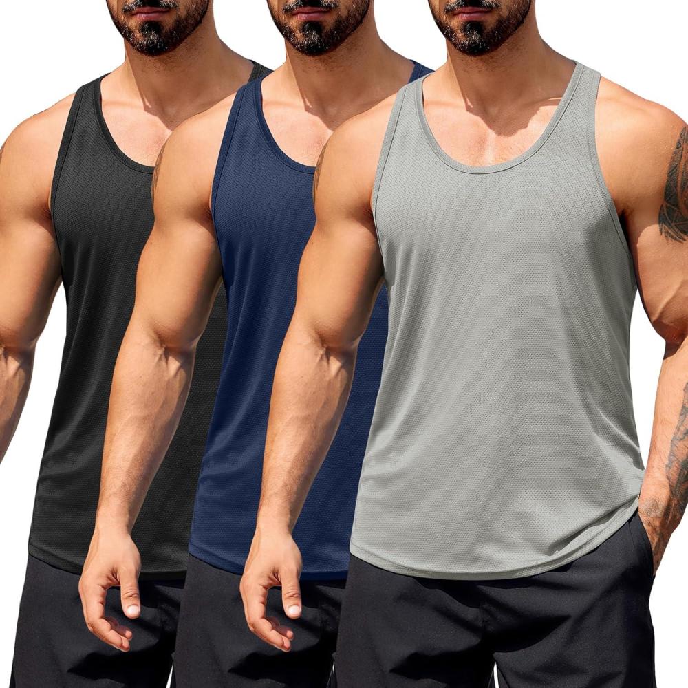 imageCOOFANDY Mens 3 Pack Workout Tank Tops Quick Dry Gym Sleeveless Muscle T Shirts Y Back Athlectic Tank Bodybuilding TopBlackBlue VioletLight Grey
