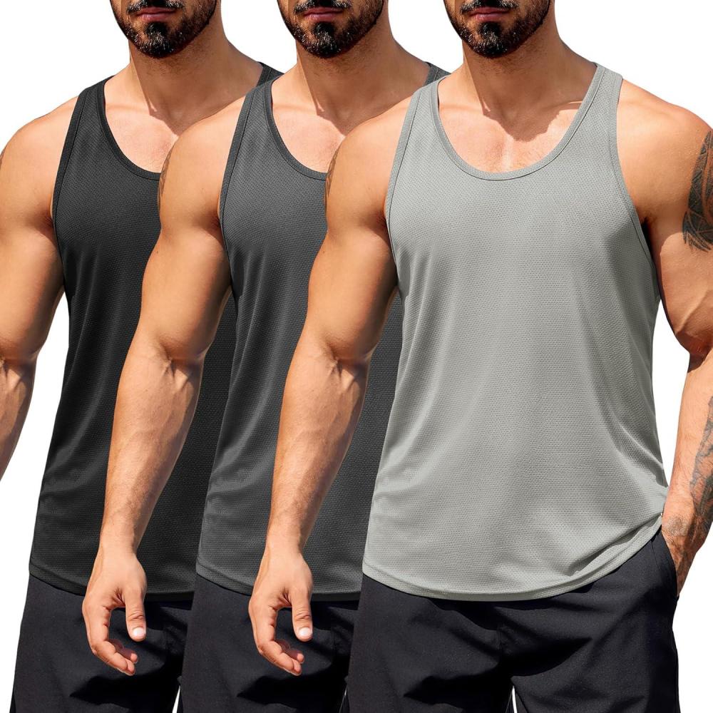 imageCOOFANDY Mens 3 Pack Workout Tank Tops Quick Dry Gym Sleeveless Muscle T Shirts Y Back Athlectic Tank Bodybuilding TopBlackDark GreyLight Grey