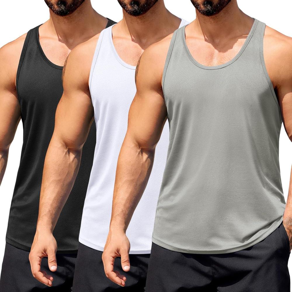 imageCOOFANDY Mens 3 Pack Workout Tank Tops Quick Dry Gym Sleeveless Muscle T Shirts Y Back Athlectic Tank Bodybuilding TopBlackWhiteLight Grey