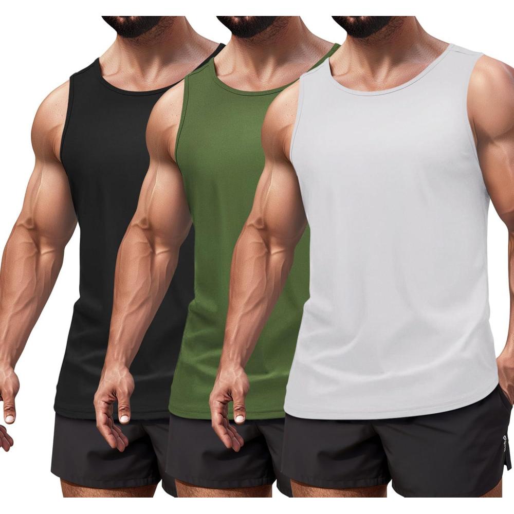 imageCOOFANDY Mens 3 Pack Workout Tank Tops Sleeveless Gym Shirts Bodybuilding Fitness Muscle Tee ShirtsBlackArmy GreenGrey